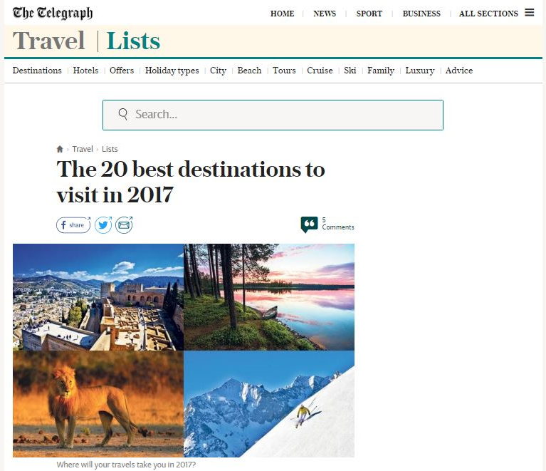 Medio internacional The Telegraph destaca Chile como destino turístico número 1 para visitar este 2017